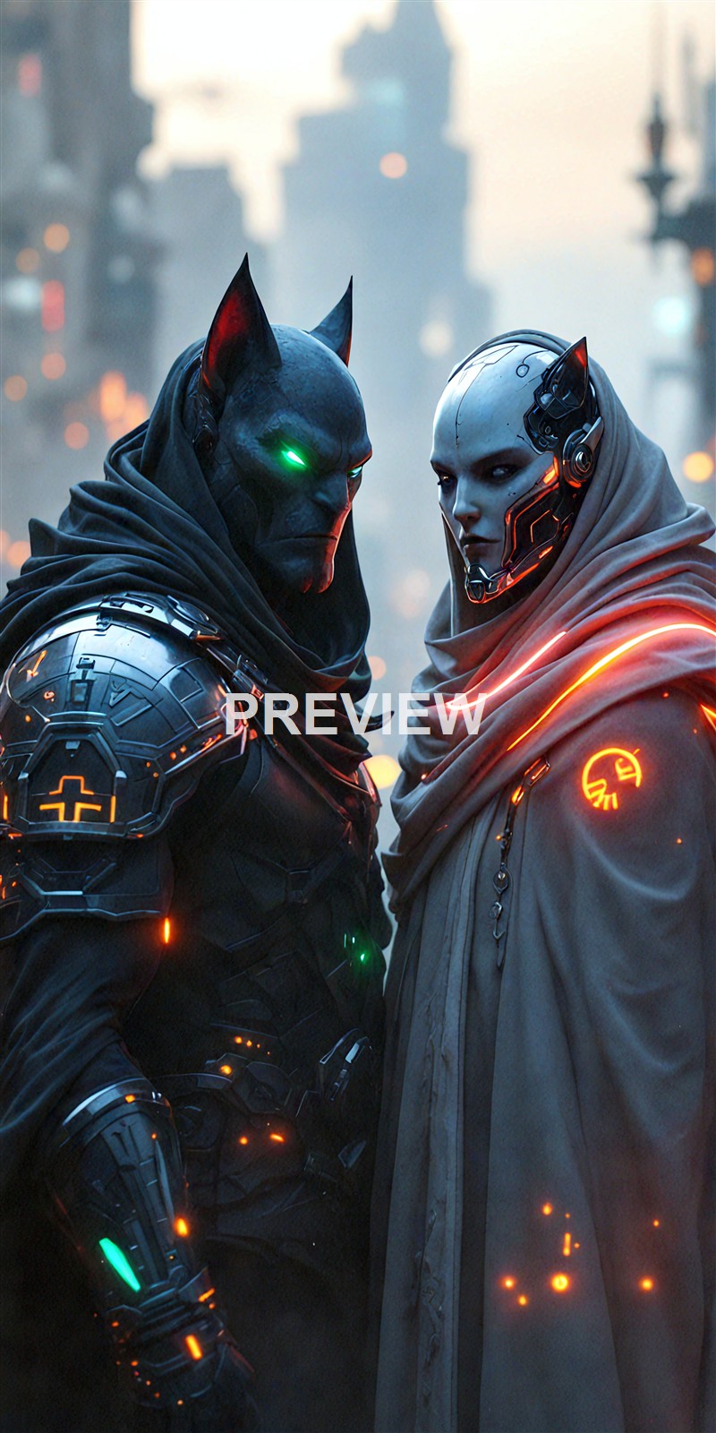 Two futuristic, armored characters with robotic and cybernetic features stand close together in a cityscape with blurred skyscrapers in the background, one with a black mask and glowing green eye, the other with a metallic face and glowing orange accents.